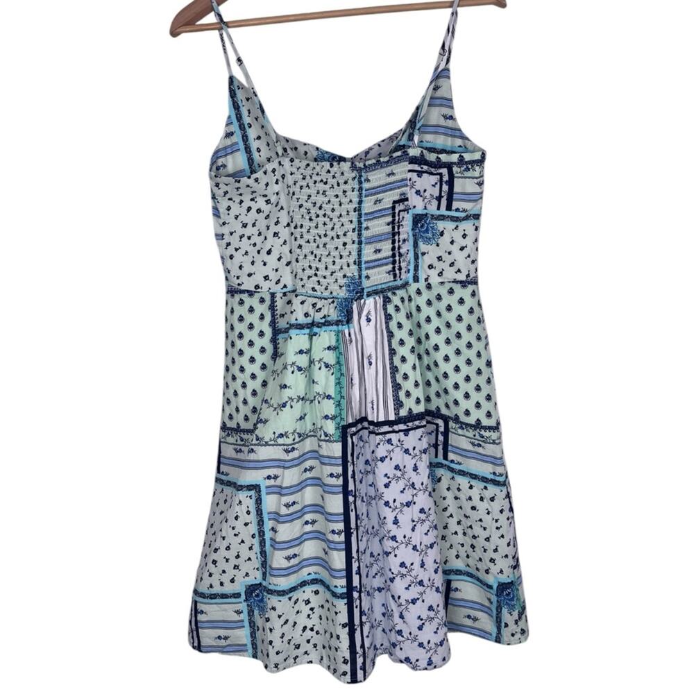 Loft Patchwork Ditsy Floral Mini Dress 8 Front Twist Cutout Blue Spring Coastal - Picture 5 of 11